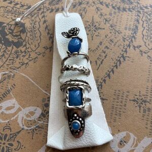 Free People Ring Set of Five Silver and Blue toned stones NWT